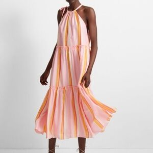 Club Monaco Amirra Silk Pink Striped Tiered  Halter Flowy Midi‎ Dress